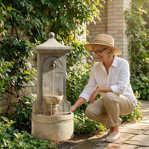 Image of Bumilgar Outdoor Wall Fountain, 42.91 in Freestanding with LED Lights | European-style resin wall fountain with LED lights and flat-back design for patios, gardens, courtyards, and porches