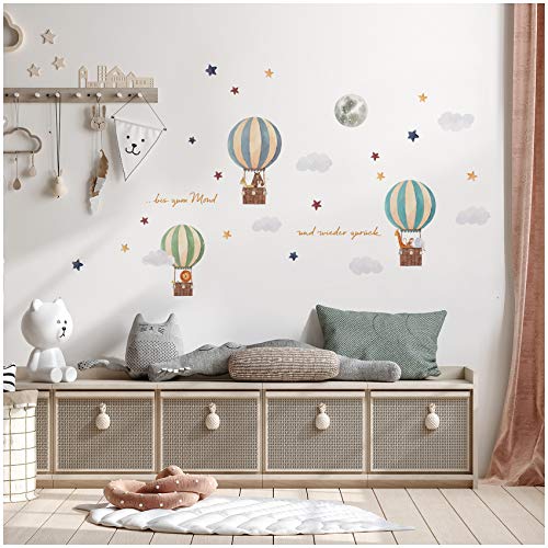 Juego de pegatinas de globo aerostático en 4 hojas DIN A4, un total de 150 x 55 cm, para niños, habitación infantil, habitación de bebé, acuarela Y057-1 (animales)