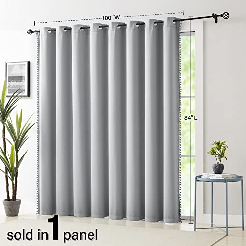 Image of Treatmentex Grey Extra Wide Blackout Curtains 100x84 Length Pom Pom Grey Sliding Door Curtains for Bedroom Thermal Insulated Living Room Divider Drapes Grommet Top 1pc, 7' Tall by 8.5' Wide