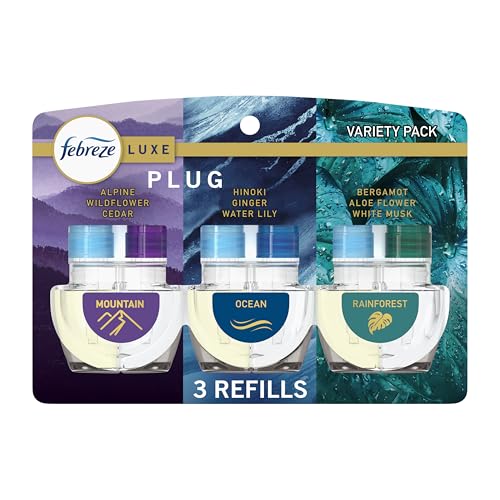 Image of Febreze Plug In Air Freshener, Odor-Fighting Scented Oil Refill, Air Fresheners for Home and Bathroom and Kitchen, Long Lasting for Strong Odors, Mountain /Ocean /Rainforest Mix, 0.87oz Refills, 3 Count