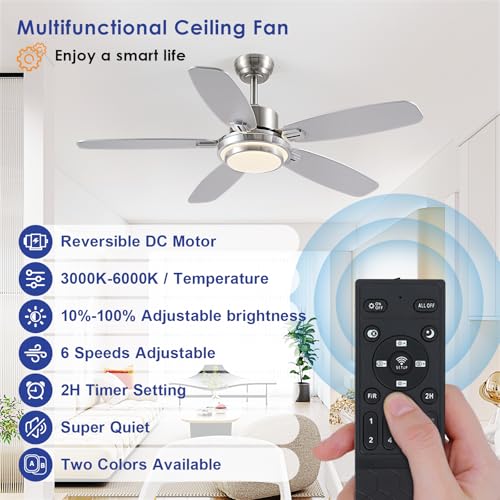 50inch Brushed Nickel Ceiling Fan with Light - Quiet Reversible DC Motor 5 Dual-Finish Blades Dimmable 3-Color LED for Bedroom Living Room Indoor - Image 3