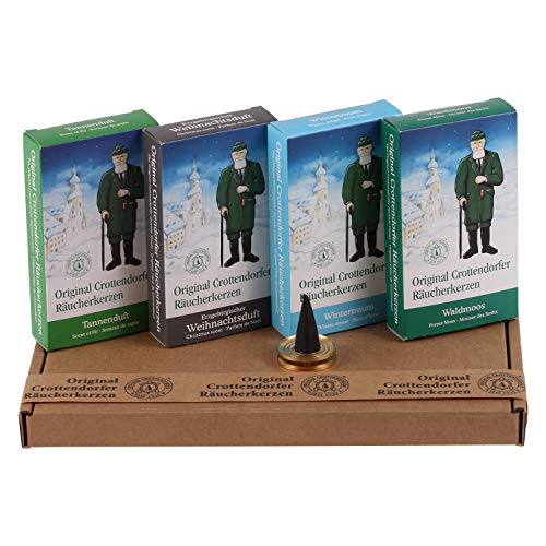 Crottendorfer Räucherkerzen - Winterdüfte: Tannenduft, Erzgebirgischer Weihnachtsduft, Wintertraum und Waldmoos - in Geschenkverpackung mit Messingschale (4 x 24 Stück) Cover
