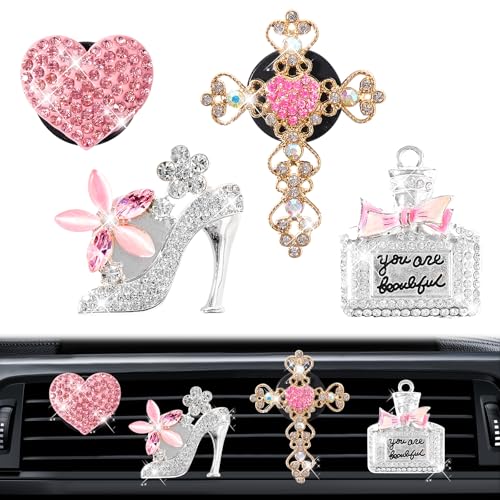 Image of Rislobx 4PCS Bling Air Vent Clips, Crystal Diamond Heart Cross High Heel Shoe Perfume Bottle Diffuser Vent Clip Cute Rhinestone Car Accessories Decoration for Women (Pink)