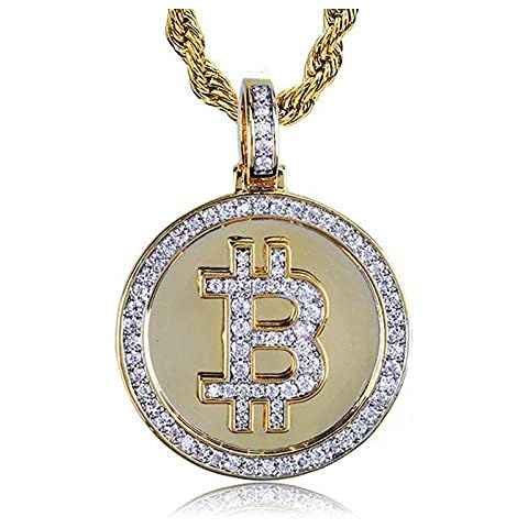 JAJAFOOK Iced Out CZ Simulated Diamond 14K Gold Plated Bitcoin Cryptocurrency Pendant Necklace Rope Chain Cover