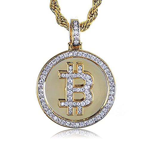 JAJAFOOK Iced Out CZ Simulated Diamond 14K Gold Plated Bitcoin Cryptocurrency Pendant Necklace with Rope Chain