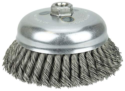 Image of Weiler 12906 6 inch Double Row Knot Wire Cup Brush, 0.014 inch Steel Fill, 5 /8 inch-11 UNC Nut, Made in The USA