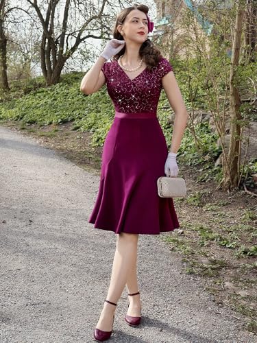 Image of Miusol Women's Elegant V Neck Sequin Glitter Lace Ruffle Style Cocktail Prom Dress