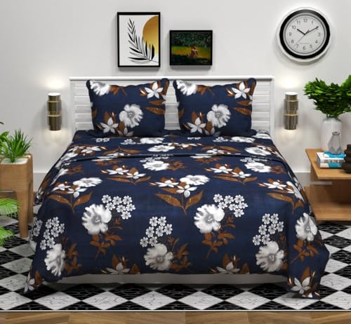 Image of HOMEKART 3D Printed 144 Tc Microfiber Double Bedsheet with 2 King Size Pillow Covers Breathable | Wrinklfree | Summer | Topsheet (Dark Blue & White Cricle Print, 90 x 90 Inches)
