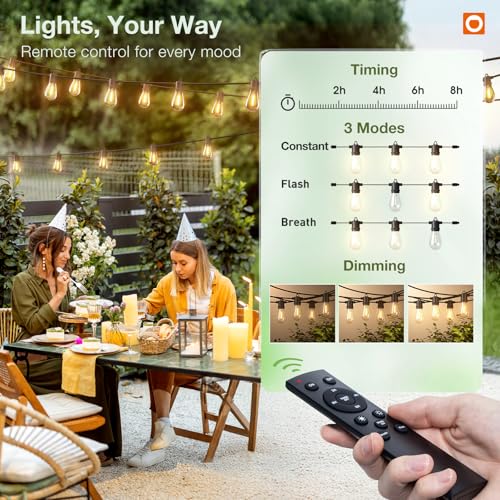 addlon 100FT LED Outdoor String Lights, Remote Dimmable Patio Lights with Timer & 3 Lighting Modes, 32 Shatterproof Edis - Additional View
