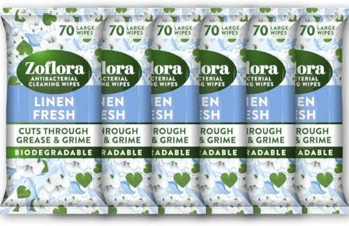 Zoflora Linen Fresh Biodegradable Wipes, Antibacterial Multi-surface Cleaning Wipes, Kills 99,9% of Bacteria & Viruses, Convenient, Quick Cleaning, 6 Pack, 70 per Pack (420 Sheets)