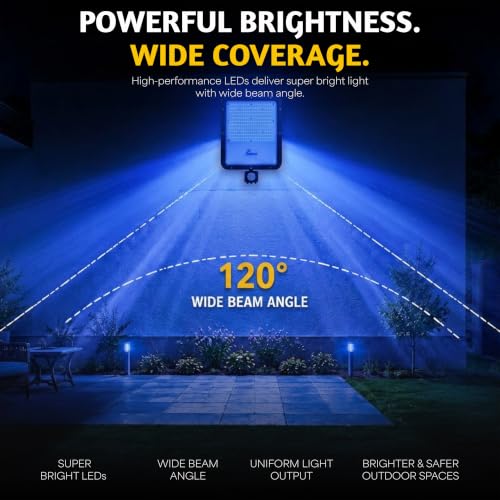 Image of Forus 250W LED Flood Light Blue with Motion Sensor Auto On Off Day Night Mode Waterproof Outdoor Security Light for Garden Parking Garage Factory Warehouse Shop High Bright Floodlight 4Yr Warranty-1Pc