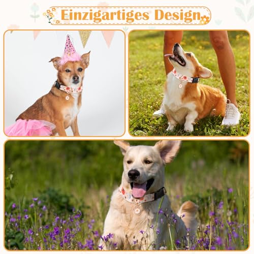 Sommer Hundehalsband Bunt, Blume & Dinosaurier-Designhundeleine mit Schnellverschluss Kunststoffschnalle, Komfortable Baumwolle Halsband für Jungen und Mädchen Hunde (Blumen, S(Hals:24-40cm))