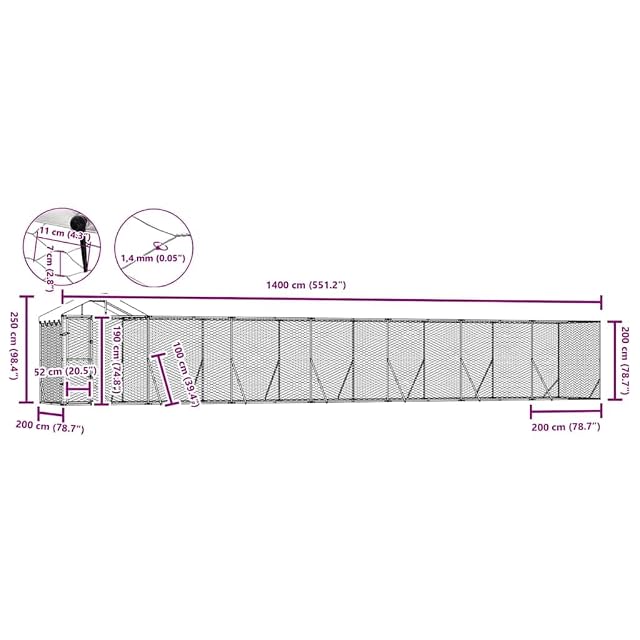 Foto 3 de 8 de vidaXL Perrera de Exterior con Techo Acero galvanizado Plata 14x2x2,5m