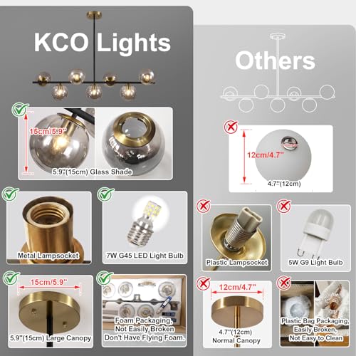 Image of KCO 7-Light Mid Century Modern Black Brass Gold Linear Sputnik Chandelier | E26 Bulb Included, 5.9 inch Canopy, Adjustable Height, 5.9 inch Smoke Glass Globe Pendant Light for Sloped Ceiling Dining Room Table