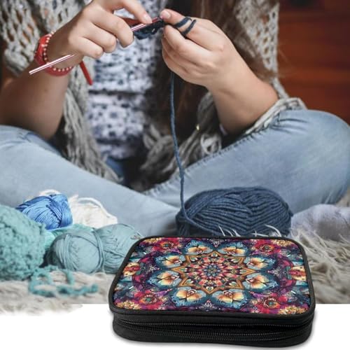 Image of Mandala Flower Crochet Hook Case Crochet Hook Holder Portable Storage Bag with Web Pockets Suitable for Needles /Knitting Accessories
