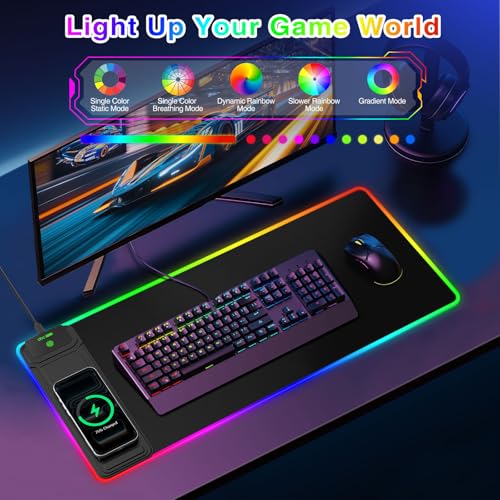 Image of RGB Gaming Mouse Pad with Magnetic Wireless Charging & Foldable Phone Stand | 31.5 inchx11.8 inch XL Extended Mousepad with Stitched Edges, Ultra-Smooth Waterproof Surface, 25 Lighting Effects, Non-Slip Base
