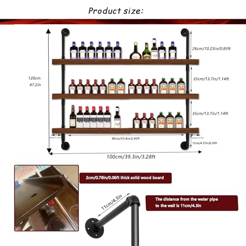 Image of 39.7in Solid Wood Wine Rack Wall Mounted with LED Light | 3-Tiers Liquor Bottles Floating Shelves Display Storage Organizer for Home Bar & Dining Room