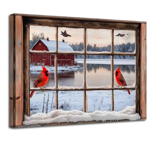 AWPANERAR Christmas Canvas Wall Art Window Snowy Cardinal Birds Pictures
