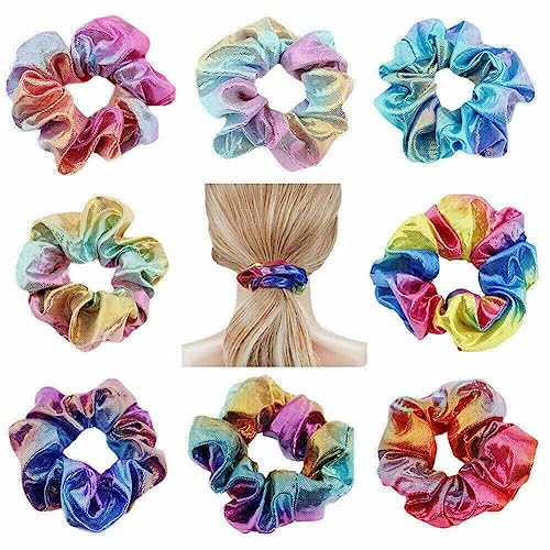 SHTGOI Pack of 8 Hair Scrunchies Elastic Fabric Hair Bobbles Laser Hair Bands Hot Embossing Two-Tone Rubber Bands Tie-Dye Silk Scrunchie Scrunchy Scrunchy Hair Accessories for Women and Girls Colours - Image 3