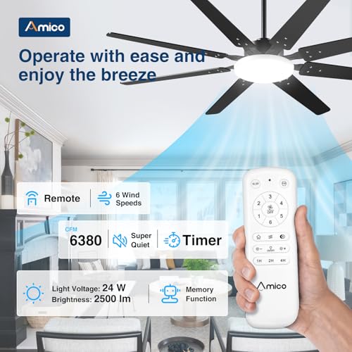 Amico 64 inch Ceiling Fans with Lights,Large Ceiling Fan with Light and Remote Control, Dimmable, 6 Speed Reversible Quiet DC Motor, Black Modern Ceiling fan For Living Room, Kitchen, Patio by Amico - Used condition - Image 2
