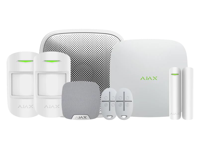 AJAX Systems Kit 2G+LAN Wireless Alarm StarterKit para Apartamentos, 2 Detectores de Movimiento, 2 Llaveros, 1 Sensor de Puerta, 1 Sirena de Hogar, 1 Sirena de Calle, Tarjeta SIM, Garantía Oficial