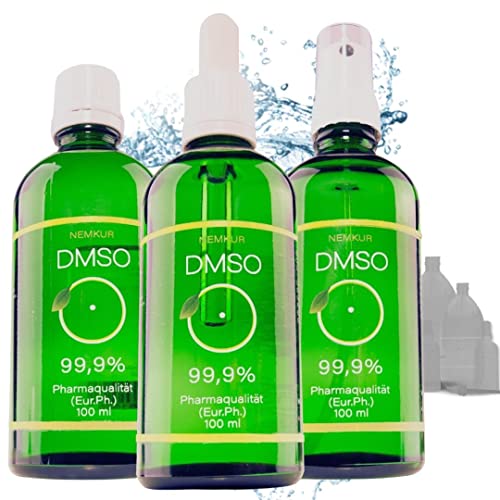 DMSO zestaw 99,9% 100 ml – jakość farmaceutyczna – z głowicą natryskową, pipetą, wałkiem i kroplaczem – wyprodukowany w Niemczech (3 x 100 ml zestaw)