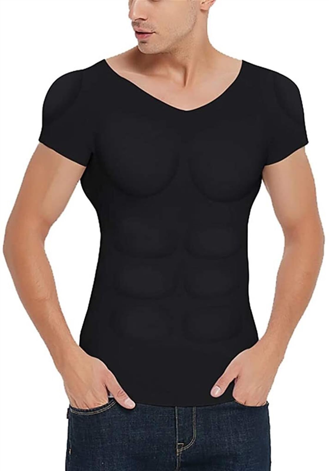 XUANFXPJ Men Shaper False Muscle Chest T-Shirt, Breathable Shoulders Padded Invisible Compression Undershirt for Party(Black,S)
