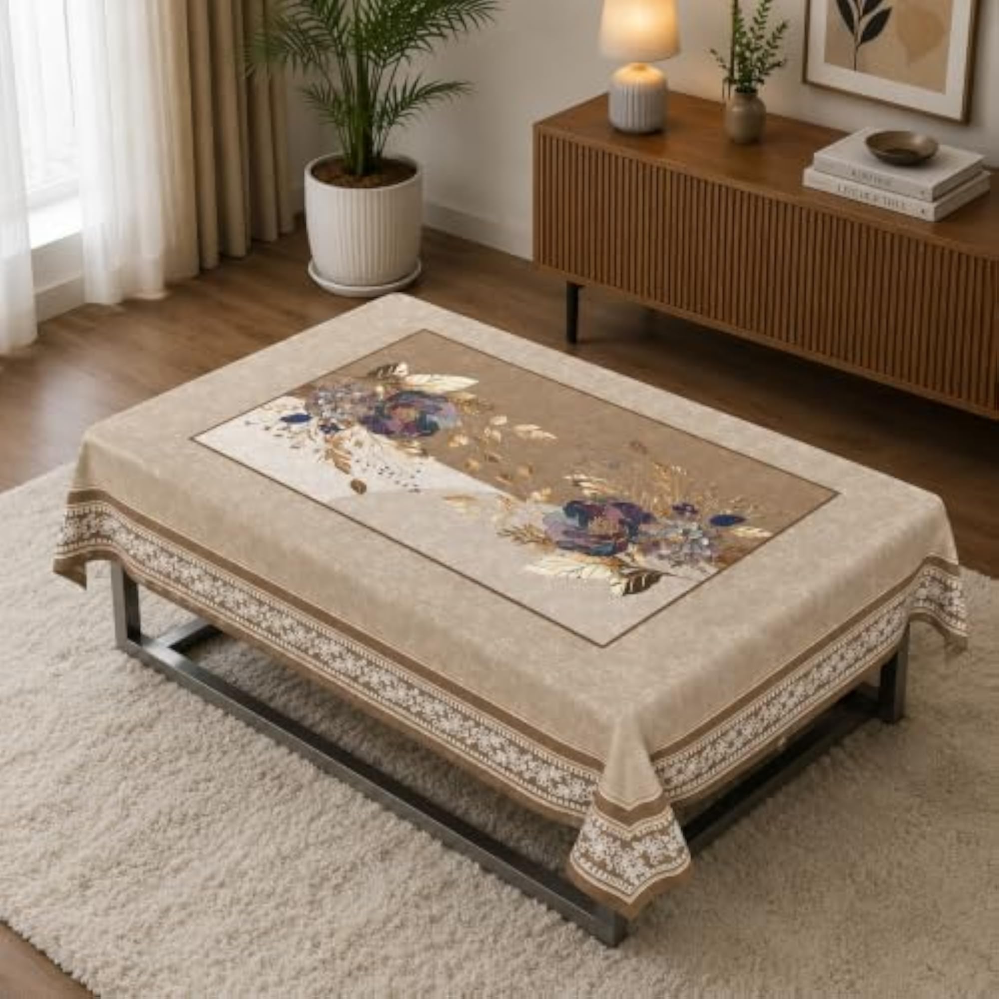 Modern Beige Floral Table Cover, Elegant Coffee Table Cloth