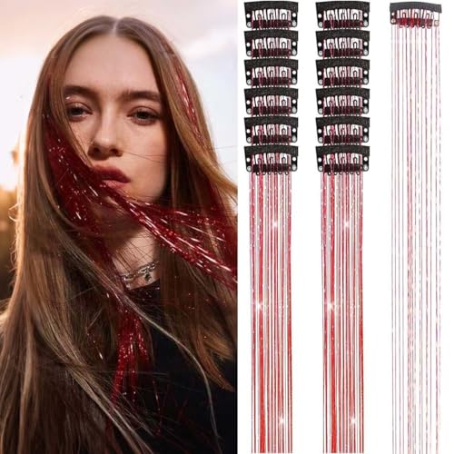 Hair Tinsel Clip in Tinsel Hair Extensions Red Fairy Glitter Hair Tinsel Kit for Women Heat Resistant 21.5In 12Pcs Festival Accessories for Party, Christmas, New Year, Halloween, Cosplay
