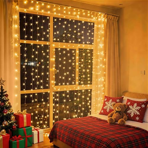 JTSIOV Cortina de Luces, 3x2.7m 300 Luces LED, 8 Modos Cortina de Luces Navidad, Control Remoto con Temporizador para Navidad, Dormitorio, Boda, Fiesta
