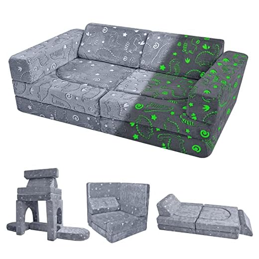 MeMoreCool 10-Piece Kids Couch Sofa, Modular Toddler Couch Glow Sofa Bed for Playroom Bedroom, Fold Out Play Couch for Girl Boy, Kids Convertible Sofa Sectional Foam Playset, Star 29 MeMoreCool 10-Piece Kids Play Sofa Bed, Modular Toddler Couch Glow Sofa Chair for Playroom Bedroom, Fold Out Play Couch for Girl Boy, Children Convertible Foam Sofa, Glowing Dino