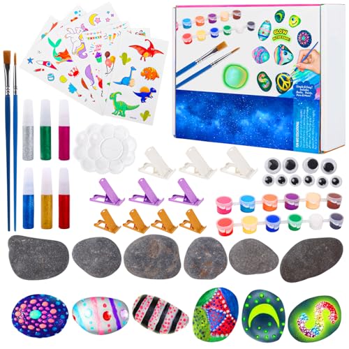 TNEDFOD Nachtleuchtendes Steine Bemalen Set,Kreativ Steinmalerei Set, Standard- und Metallicfarben, Aufkleber Kunstbedarf für Kinder Familienaktivität, Geburtstagsge, Kunsthandwerk