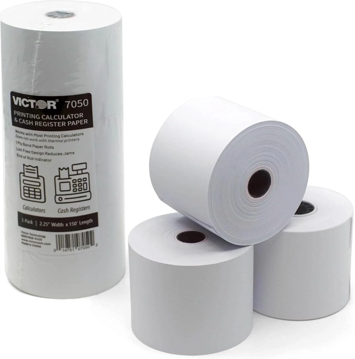 Victor 7050 Compact White Paper Rolls for Handheld and Portable Printing Calculators/Adding Machines/Ink Print Cash Registers 2.25โ W x 150' FT (3-Pack)