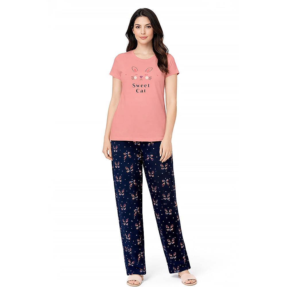 comfort lady Women’s Cotton Night Suit | Round Neck Printed T-Shirt with Pyjama | Relaxed Fit Sleepwear & Loungewear - NSTP2001-picture-39