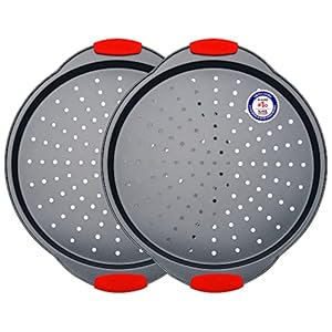 Pizza Tray – 2 Round with Silicone Handles – Carbon Steel Pizza Pan with Holes and Non-Stick Coating – PFOA PFOS and PTFE Free by Bakken