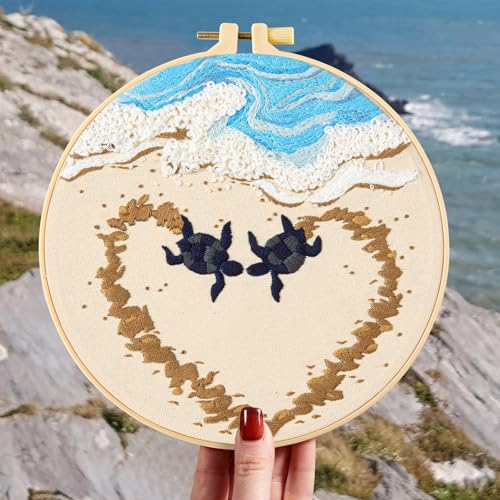 Image of Crafmanoe Beach Embroidery Kits for Beginners Adults, Coastal Stamped Cross Stitch Kits for Beginners Adults, Hand Embroidery Needlepoint Starter Kits, Valentine's Day Gift for Women (Video Tutorial)