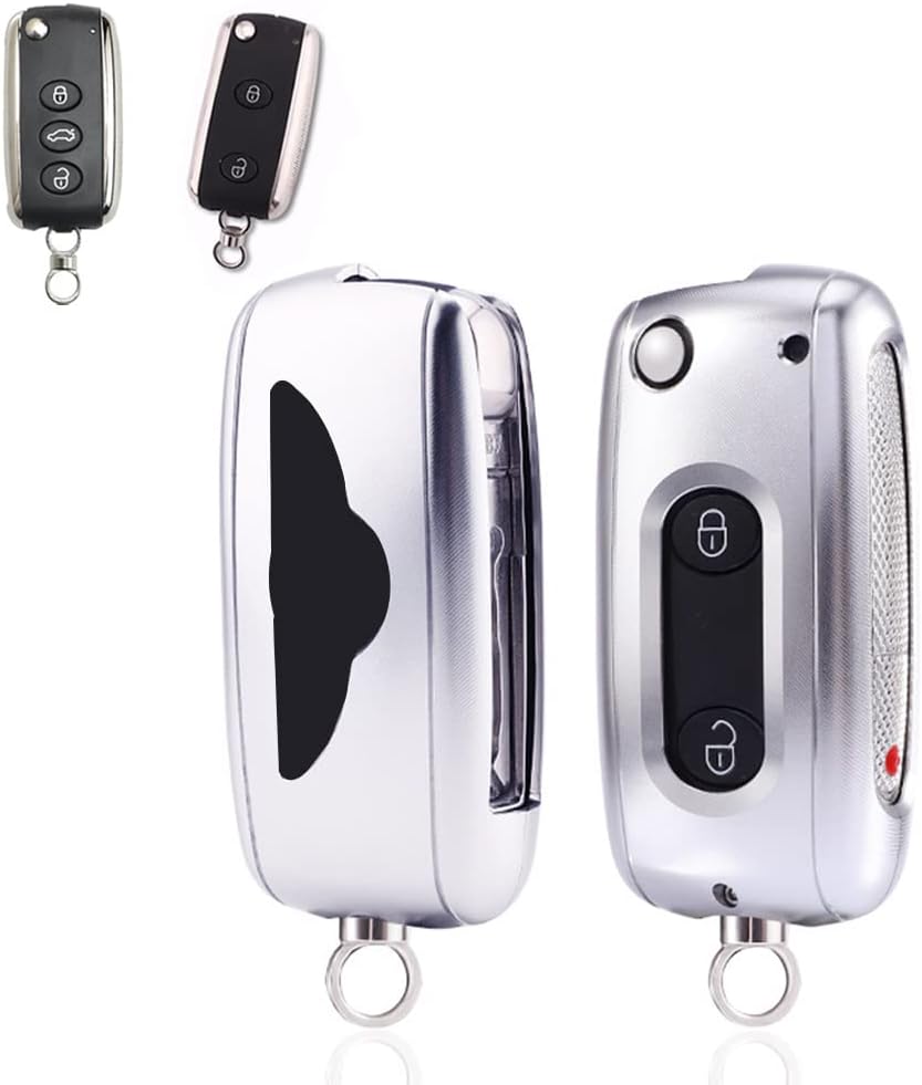Premium Aluminum Metal Key Fob Case Cover for Bentley Continental GT GTC Mulsanne With Metal Key Ring Accessories, Silver, S
