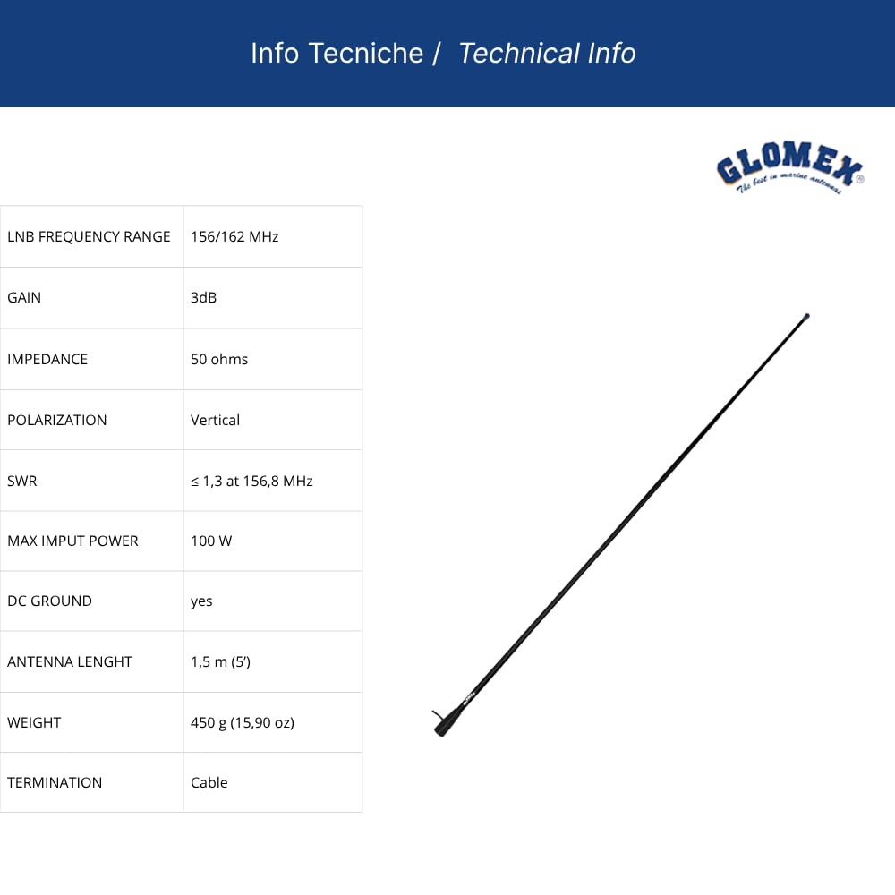 Glomex Klasyczna antena VHF do łodzi motorowych 1,5 m (czarna) + podstawa, model RA112/BK – wzmocnienie 3dB, czarne włókno szklane, do łodzi żaglowych, silników, pontonów, jachtów