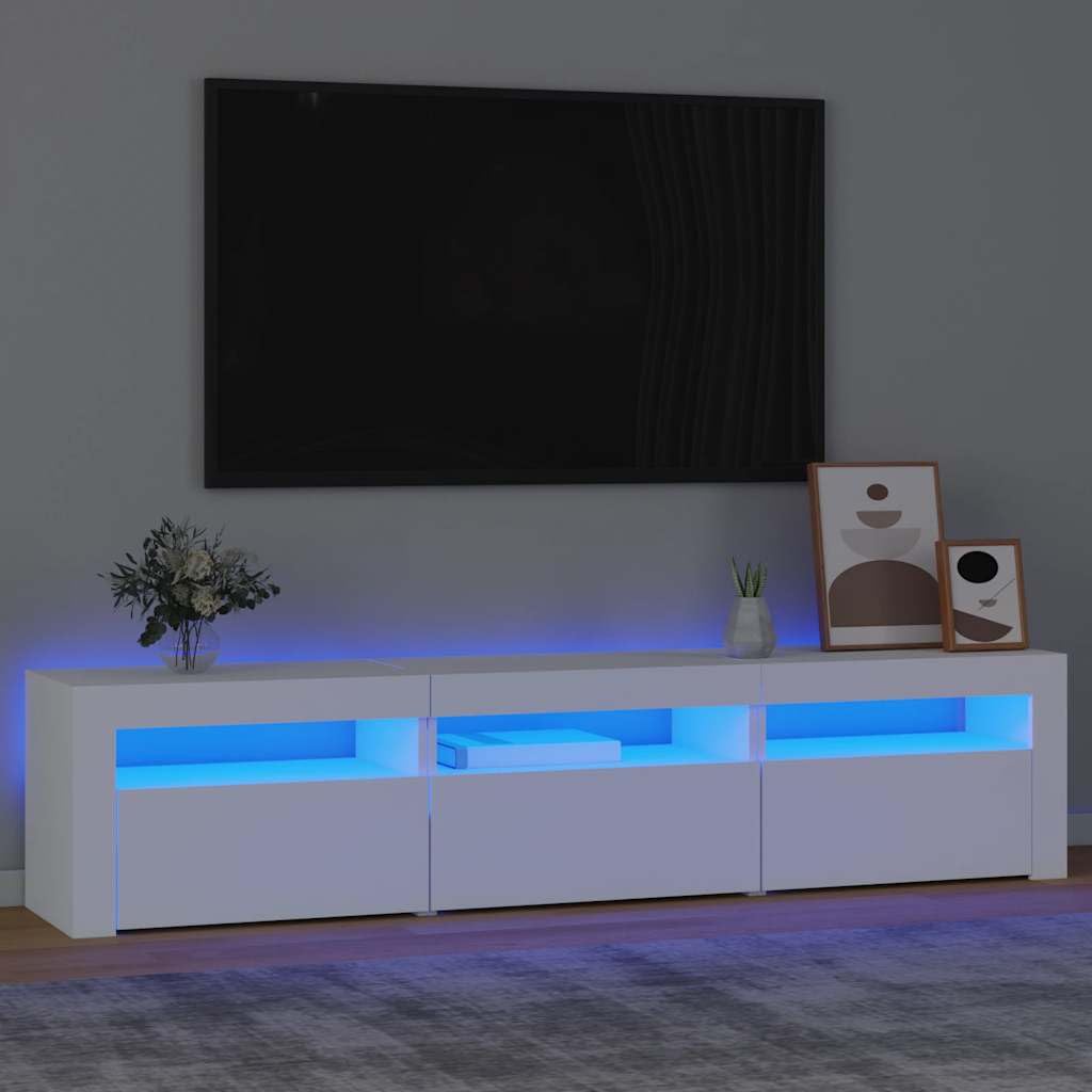 Mueble de TV de Madera con Luces LED RGB, Gran Espacio de Almacenamiento, Adecuado para Salón y Dormitorio, Diseño Moderno, Color Blanco, 180 x 35 x 40 cm