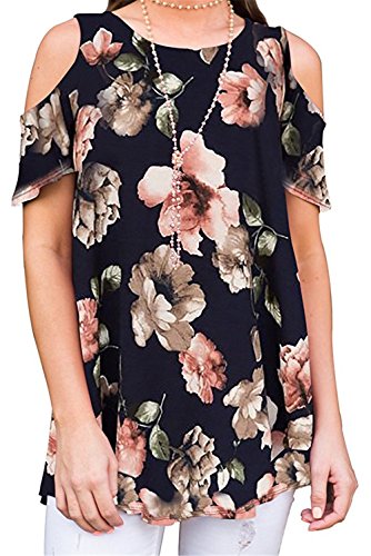 Luranee Camisa feminina de ombro vazado manga curta gola redonda floral túnica, # Navy Flowers, X-La