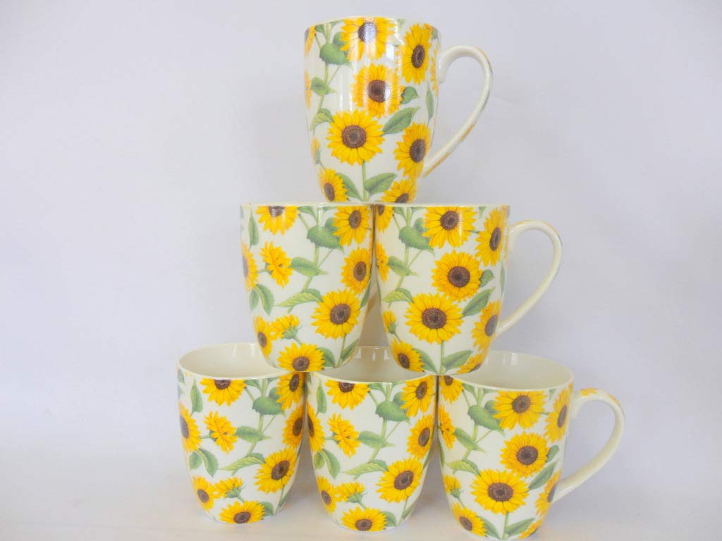 Heron Cross Pottery "Abbeydale Collection" Blue Set Of 6 China Aspen Mugs In Sunflower Design