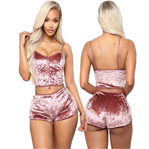 N / D Women Sexy Strappy Babydoll Lingerie Satin Velvet Pajama Set Straps Camisole With Shorts 2 Piece Sleepwear Shorts (Pink, S) #TOP1
