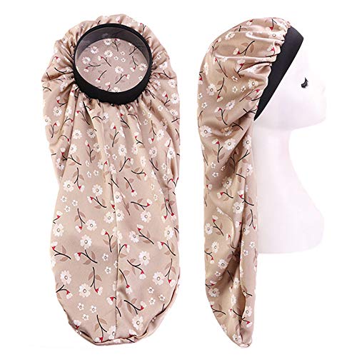 Extra Long Silky Satin Bonnet Sleep Cap Long Bonnet Cap for Braids Hair Loose Cap (Khaki Flowers)