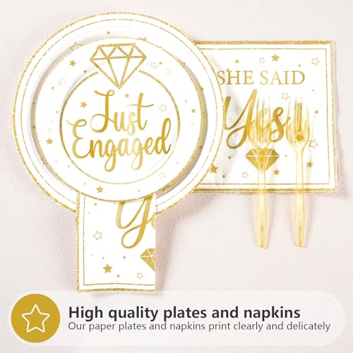 Image of Greencian 96Pcs Gold Happy Engagement Party Decorations, Serves 24 | Just Engaged Plates and Napkins She Said Yes Engagement Tableware Set for Engaged Proposal Wedding Bridal Shower Supplies
