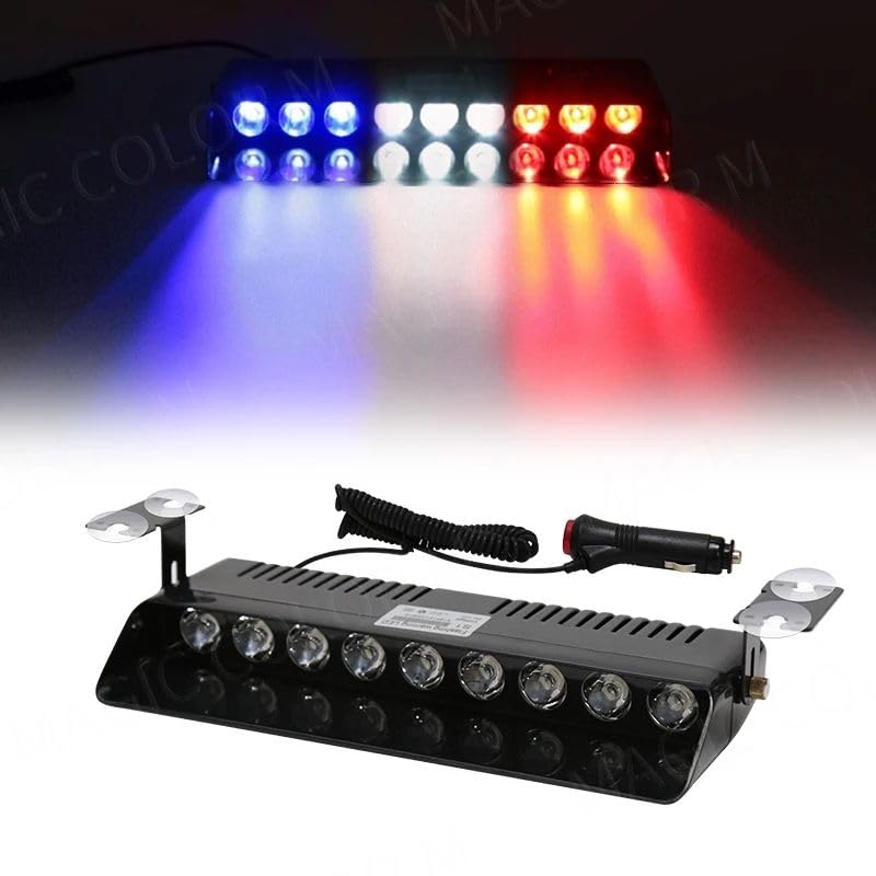 Image of AutoBizarre 12V Car Dash Emergency Warning Strobe Red Blue Flasher Windshield Sucker LED light With Multiple Flashing Modes For All Cars, Emergency Vehicles, etc. (9 LED Red Blue White)