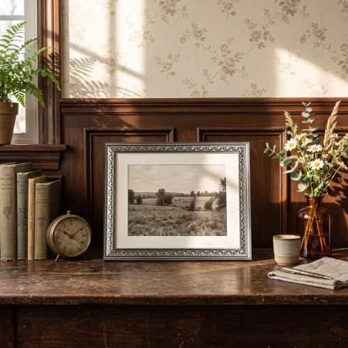 Image of 11x14 Vintage Picture Frames,Antique Picture Frames with White Mat for 8x10 Picture, Ornate Frames for Wall Decor,4 Pack,Silver