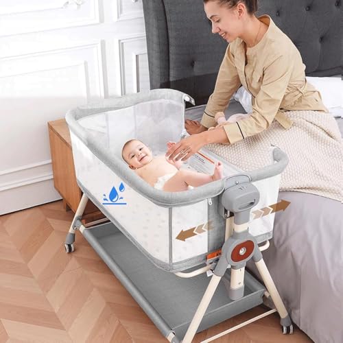 Baby Bassinet with Mattress and Mosquito Net, 3 in 1 Bedside Bassinets for Baby, Adjustable Height with Rocking Mode, Breathable Mesh, Storage Basket, Easy Assemble & Folding