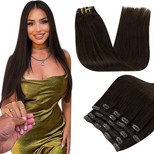 RUNATURE Extensions Echthaar Clip in Dunkelstes Braun Remy Echthaar Clip in Extensions Naturliches Clip in Gerade Extensions Echthaar 35cm 14 Zoll 120g #2 Cover