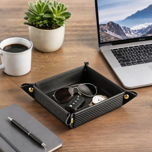 Image of YAPISHI Light Luxury Valet Tray for Men, PU Leather Vanity Jewelry Tray & Decorative Perfume Catchall, Folding Travel EDC Dump Tray, Nightstand Organizer Caddy for Keys, Watches, Coin Bowl Dish