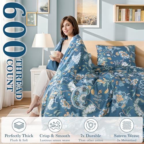 Shilucheng 100% Cotton Floral Duvet Cover King Size - 600 Thread Count, Breathable & Cooling Comforter Cover with Zipper Closure,Hotel Bedding Duvet Covers 3 Piece (Navy Blue)